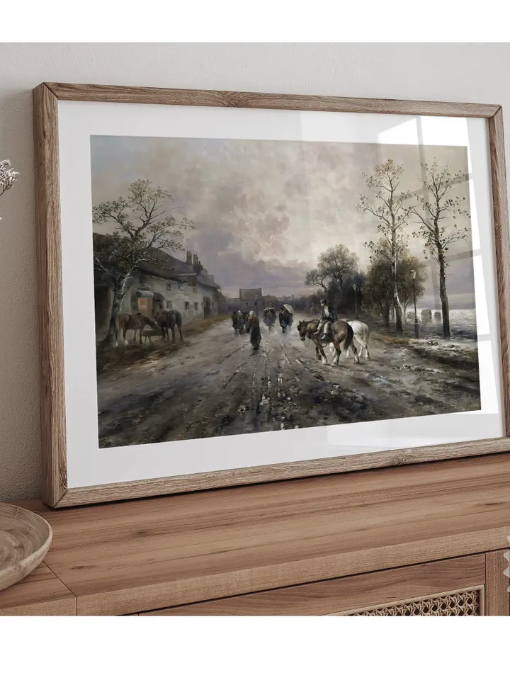 France Village Street Painting, Vintage Evening Art, French Printable Wall Decor, Downloadable | 295
