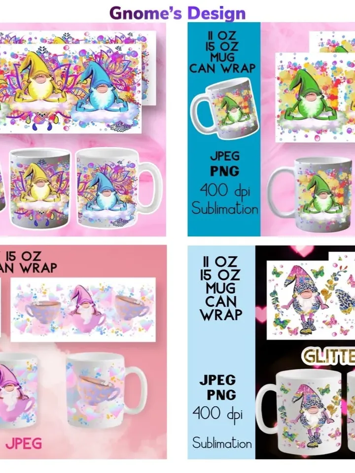 4 Designs Gnome's Big Bundle 11 oz 15 oz Mug Can Wrap designs patterns all tumbler glass in the shop 2023 sublimation Yoga Birthday Wedding