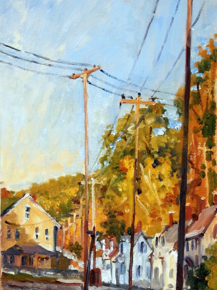 10x20 Autumn Landscape Painting -Houses and Poles/Fall Afternoon- Oil on Panel, Plein Air Impressionism, Signed Original American Fine Art
