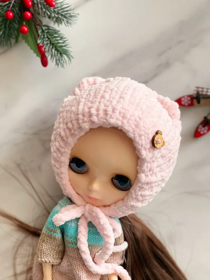 Blythe plush bear bonnet hat for doll plush hat bear hat