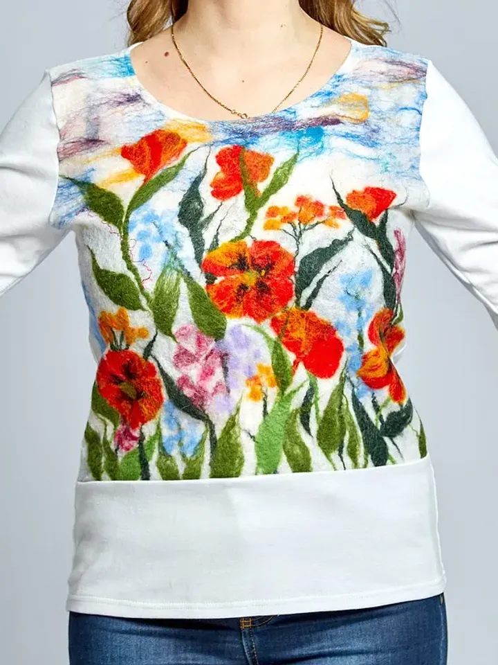 Women's white sweater, Wool felt clothing, Floral sweater original design