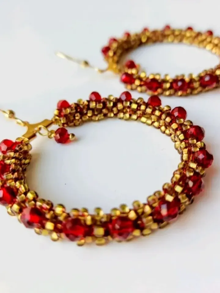 Hoop earrings with red faceted beads beaded round earrings seedbead earrings boho jewelry