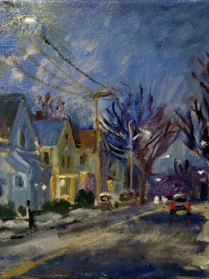 Small Original Nocturne Landscape Painting -Winter Twilight 8x8 Oil on Canvas, Plein Air Impressionist Night Scene, Signed Original Fine Art