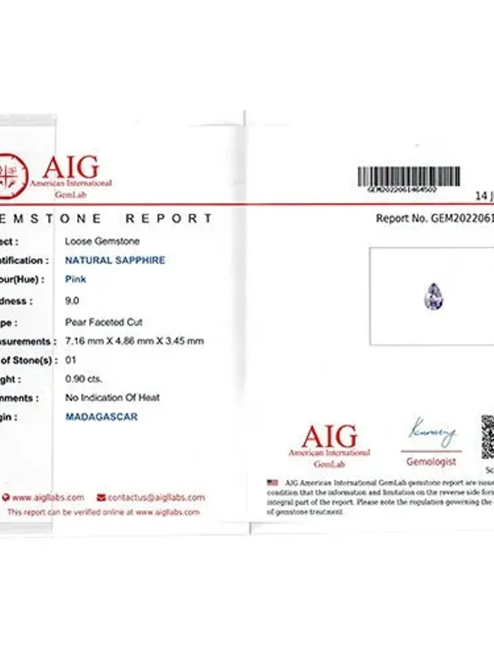 0.90 CT AIG Certified Superb Unheated 100%Natural Pink Sapphire from Madagascar