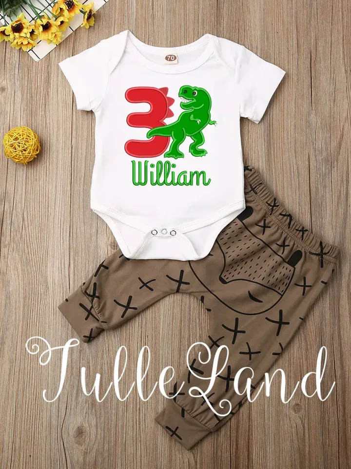 Three Rex Dino 3rd Birthday Tyrannosaurus Rex Dinosaur with numbers 3 Design applique for Machine Embroidery