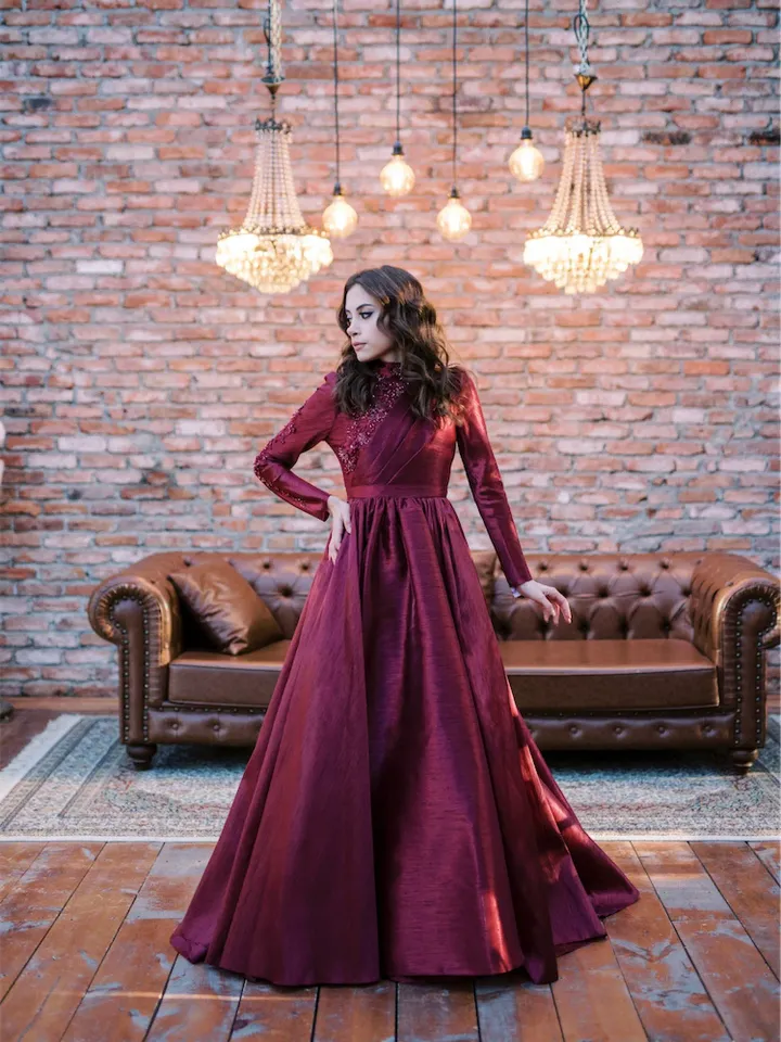 AHUNARE HIJAB - Şakayık Burgundy Taffeta Princess Wedding Dress, Muslim Evening Gown, Nikah, Islamic Wedding, Engagement, Bridesmaid,