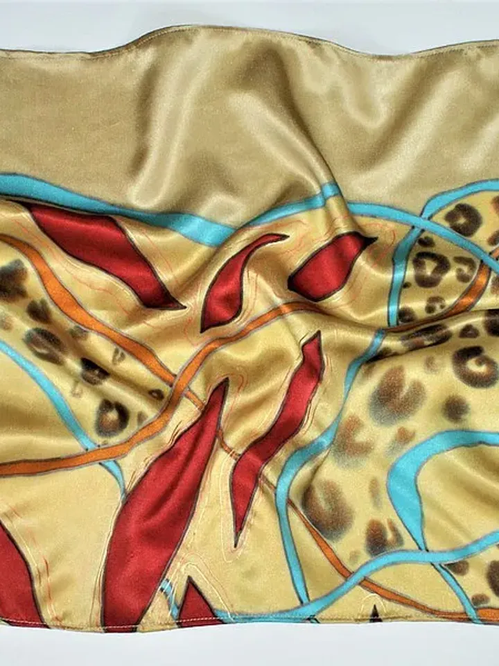 Small square silk neck scarf Red and gold silk scarf hand painted batik