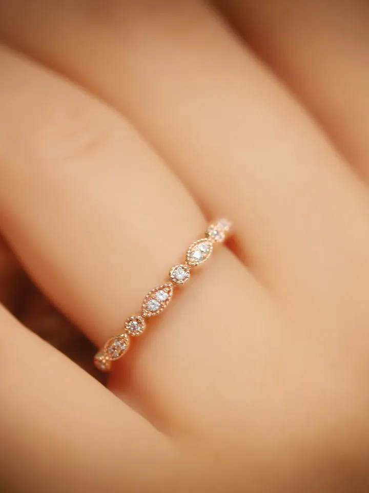 WOMEN WEDDING RING | Half Eternity Gold Ring For Wedding | Custom 14k Solid Gold Wedding Ring | Gift for Anniversary | Art Deco Jewelry