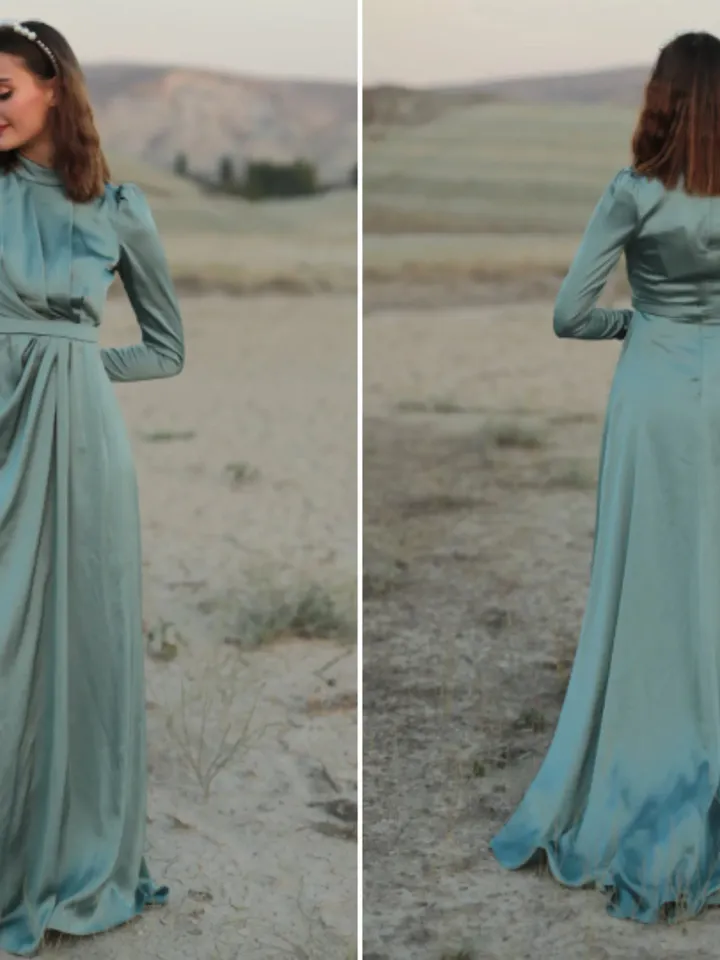 AHUNARE HIJAB - Irem Dress, Satin Dress, Mint Color, Muslim Evening Dress, Nikah, Wedding, Engagement, Bridesmaid, ,
