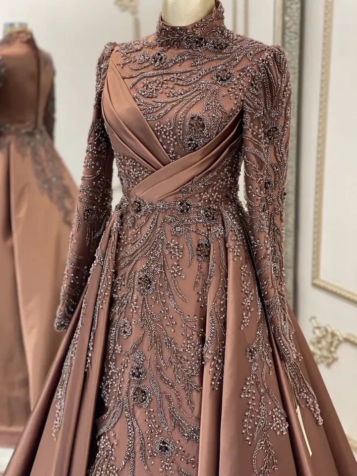 AHUNARE HIJAB - Aden Copper Color Satin Tailed Wedding Dress, Muslim Evening Gown, Nikah, Islamic Wedding, Engagement, Bridesmaid,