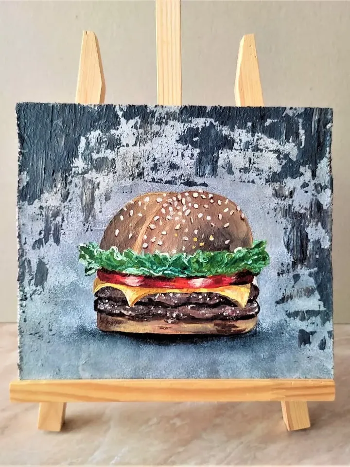 Cheeseburger original painting, Food wall art, Kitchen wall decoration