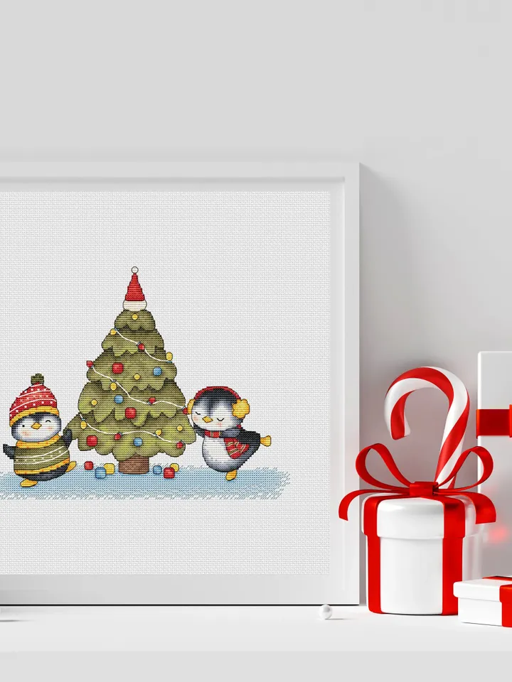 Christmas Penguins Cross Stitch Pattern PDF, Penguins Cross Stitch Chart Instant Download, Children Family Gift