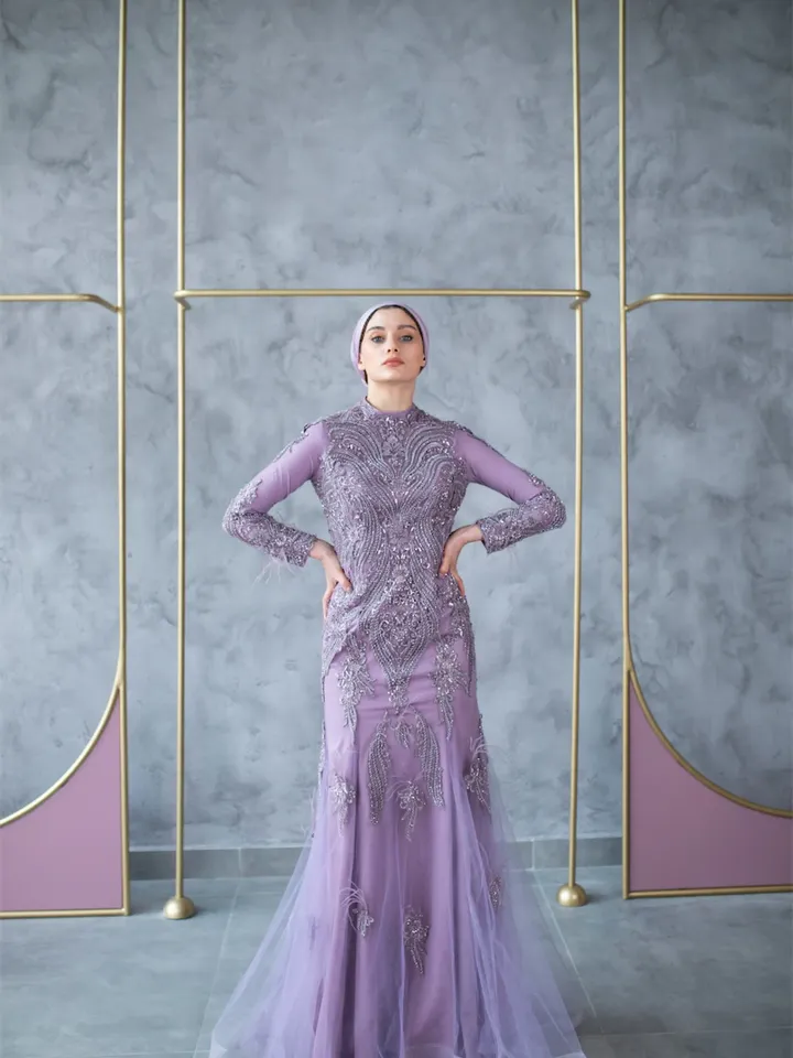 AHUNARE HIJAB - Laiya lilac Mermaid Embroidered Handwork Wedding Dress, Muslim Evening Gown, Islamic Wedding, Engagement, Bridesmaid,