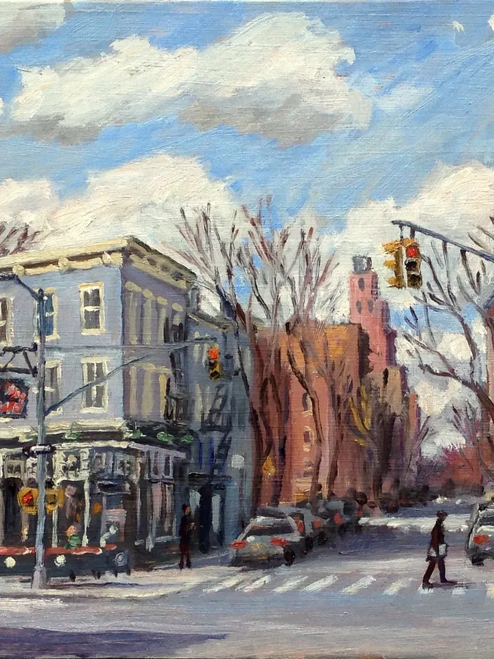 New York Cityscape Painting - White Horse Tavern/Greenwich Village/NYC- 12x19 Oil on Panel, Urban Impressionist Fine Art, Signed Original