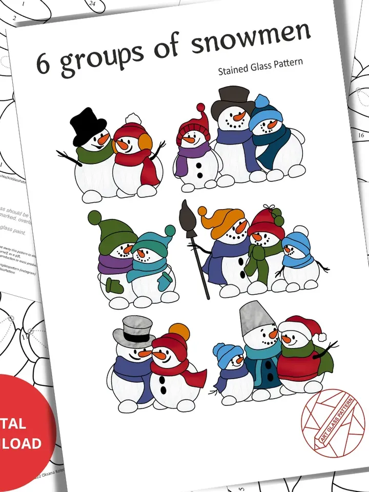 6 Stained Glass Patterns - 6 Groups of Fanny Snowmen - Digital Download PDF