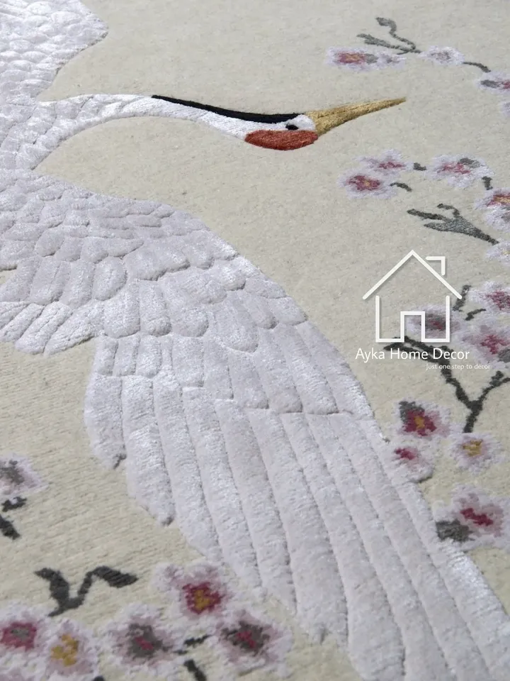White Peacock Textured Hand Tufted Erase Pattern Traditional Area Rug Woolen Carpet Large Area Rug Silk & Wool For Customized Size Dm us