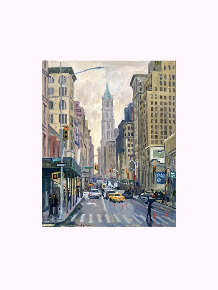 Original New York Cityscape Painting - Down Broadway/NYC Rain - 16x20 Oil on Linen, Signed Original New York Impressionist Fine Art