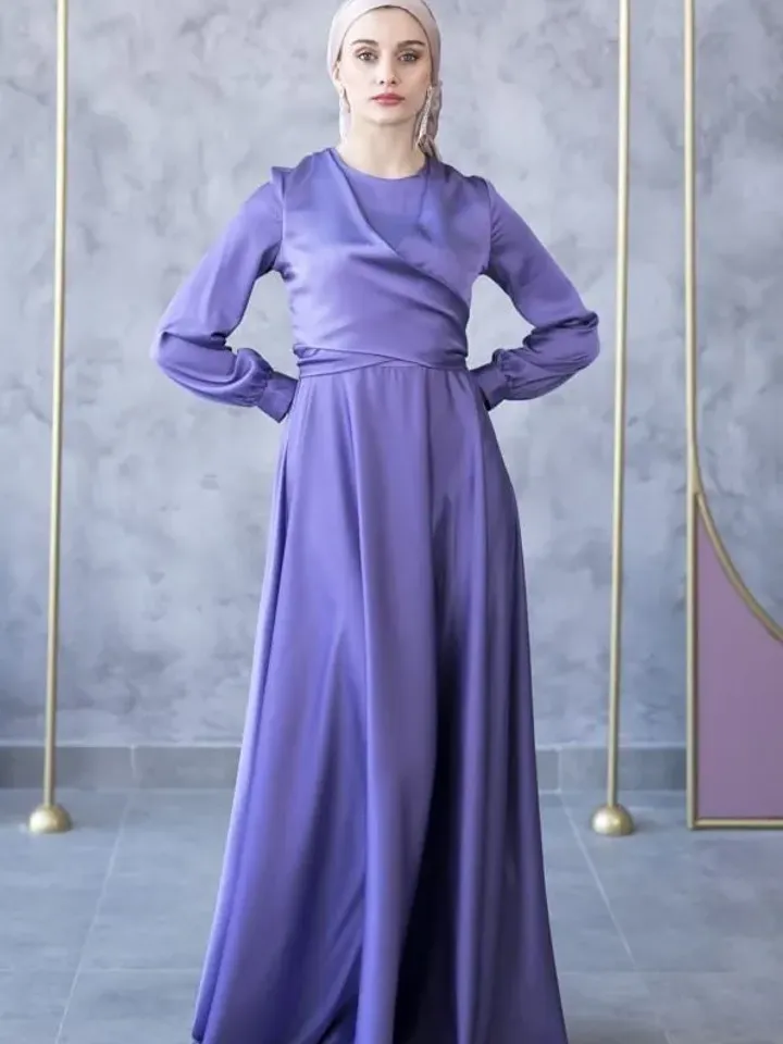 AHUNARE HIJAB - Çapraz Kemerli  Lilac Straight Wedding Dress, Muslim Evening Gown, Nikah, Islamic Wedding, Engagement, Bridesmaid,