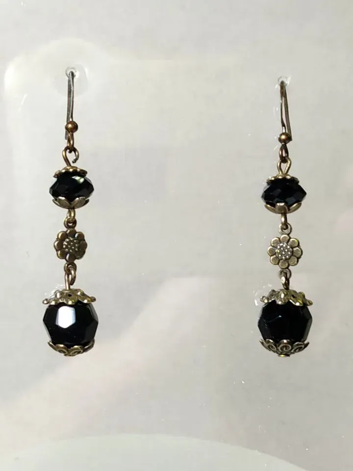Earrings black agate long antique bronze dangle drop