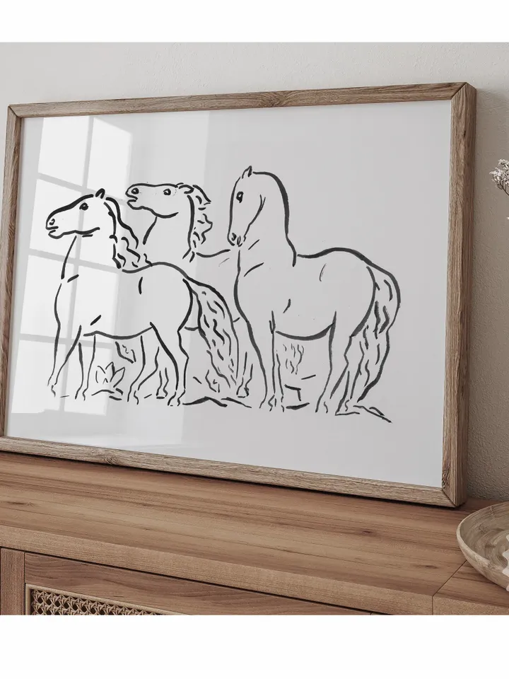 Minimalist Three Horses Drawing, Vintage Sketch Art Printable Farmhouse Decor, Digital Download | 357