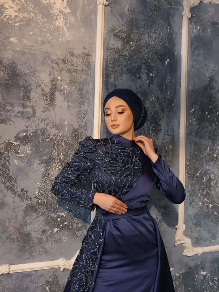 AHUNARE HIJAB - Zade  Satin Navy Blue Peplum Wedding Dress, Muslim Evening Gown, Nikah, Islamic Wedding, Engagement, Bridesmaid,