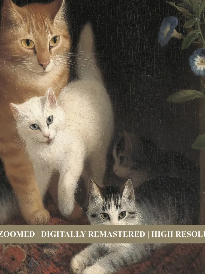 Cat With Kittens Vintage Print, Pets Antique Oil Painting, Printable Wall Art Decor, Downloadable | 384