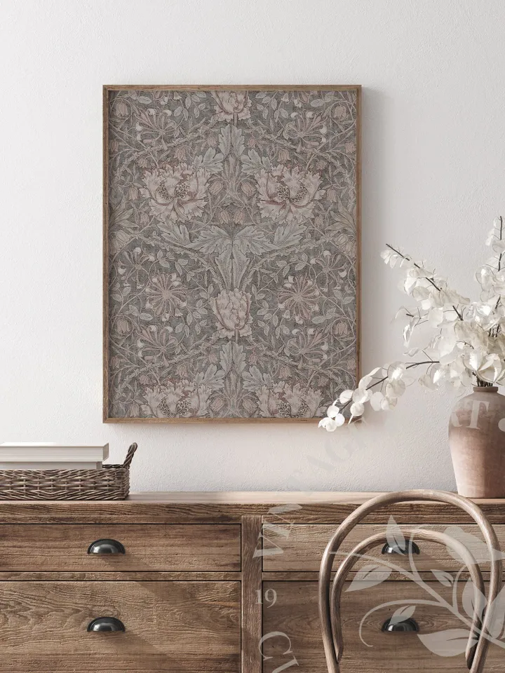William Morris Fabric Art Print, Muted Textile With Flowers, Digital Download PRINTABLE, Rustic Wall Decor | #102