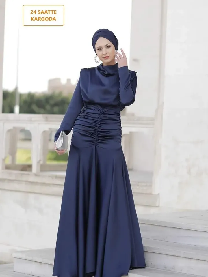 AHUNARE HIJAB - Dilara Navy Blue Satin Wedding Dress, Muslim Evening Gown, Nikah, Islamic Wedding, Engagement, Bridesmaid,