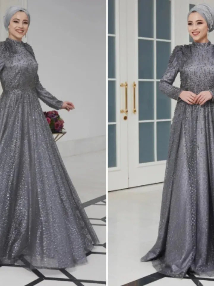 AHUNARE HIJAB - Firuze Grey Tulle Wedding Dress, Muslim Evening Gown, Nikah, Islamic Wedding, Engagement, Bridesmaid,