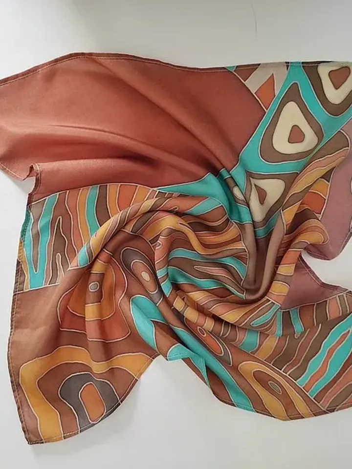Brown with turquoise silk scarf hand painted batik Small square silk scarves