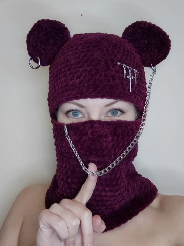 Crazy bear balaclava crochet Goth balaclava with bear ears Trendy balaclava with ears Teens gift Halloween bear mask