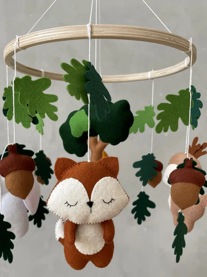 Woodland mobile baby nursery decor. Bunny dear fox mobile. Forest animals neutral baby mobile. Hanging crib mobile