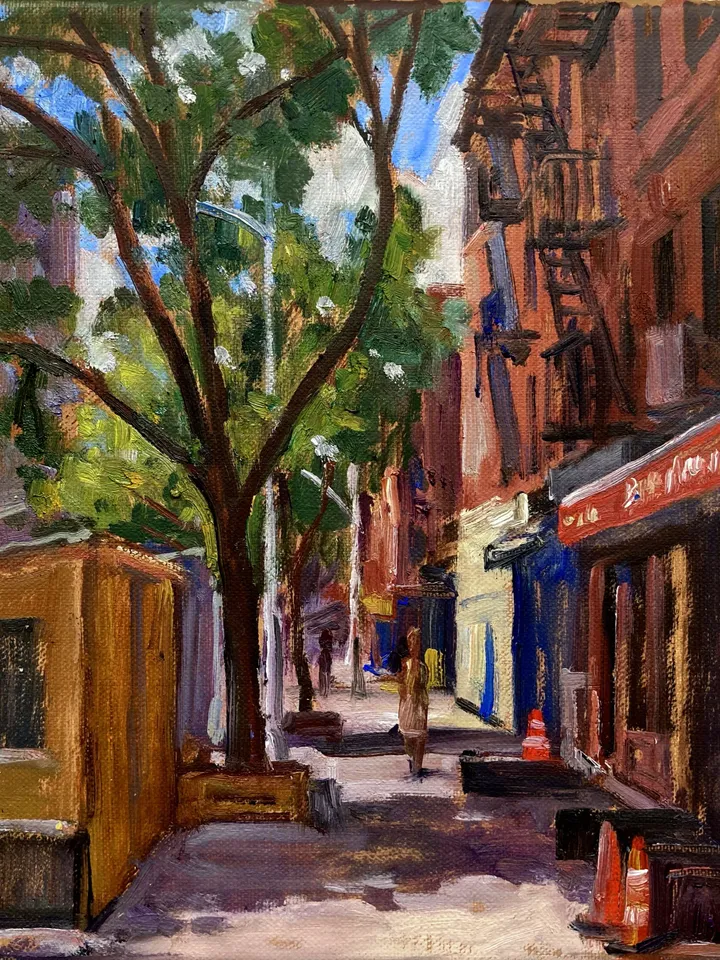 East Village Cityscape Painting - From East 6th Street/NYC - 8x10 Oil on Linen, Urban Impressionist Oil, Signed Original