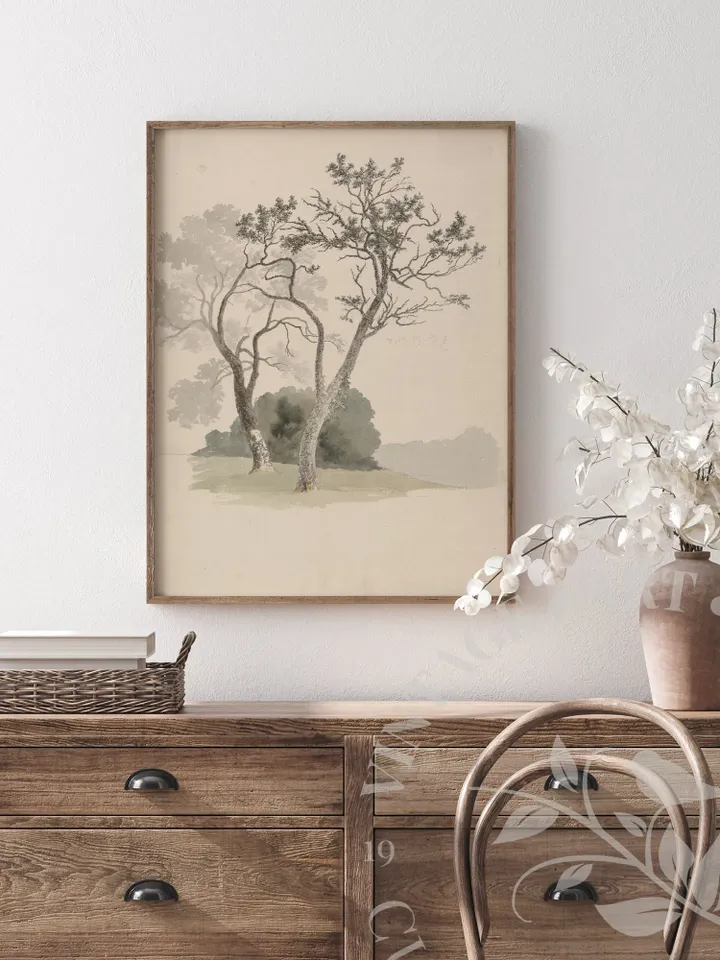 Tree Landscape Watercolor Painting, Vintage Wall Art Muted Tones Nature Landscape, Rustic Wall Decor PRINTABLE Digital Downloadable | #09