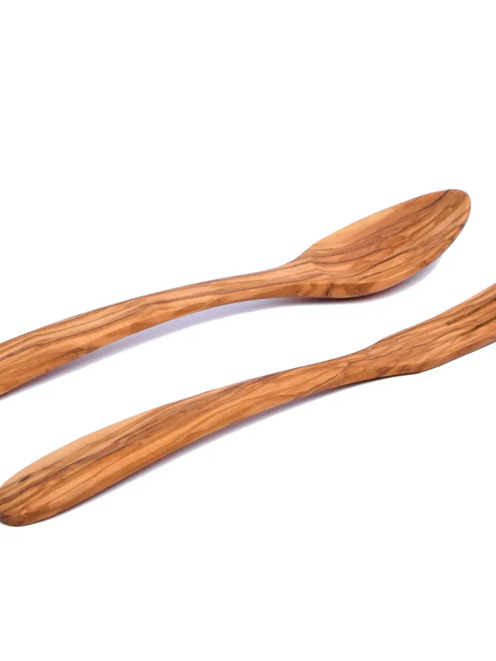 Wooden Curved Salad Server (Spoon + Fork) made of Olive Wood 30 cm / 11.81" - AKwood Handcrafted Olive Wood Cooking Utensils