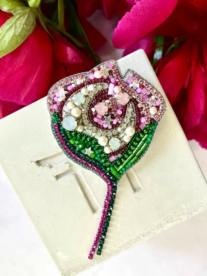 Moon Flower Beaded Brooch, Handmade Embroidered Accessory, Pin Blossom in Pink with Half-moon Crescent, Flower Brooch