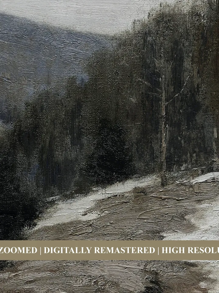 Vintage Winter Forest Landscape Painting, Printable Moody Green Country Scenery, Digital Download | 350