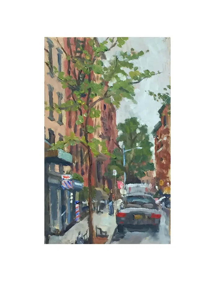 Small East Village Cityscape Painting - 7th St Rain/NYC - 5x10 New York Urban Impressionist Fine Art, Original Plein Air Realist Landscape
