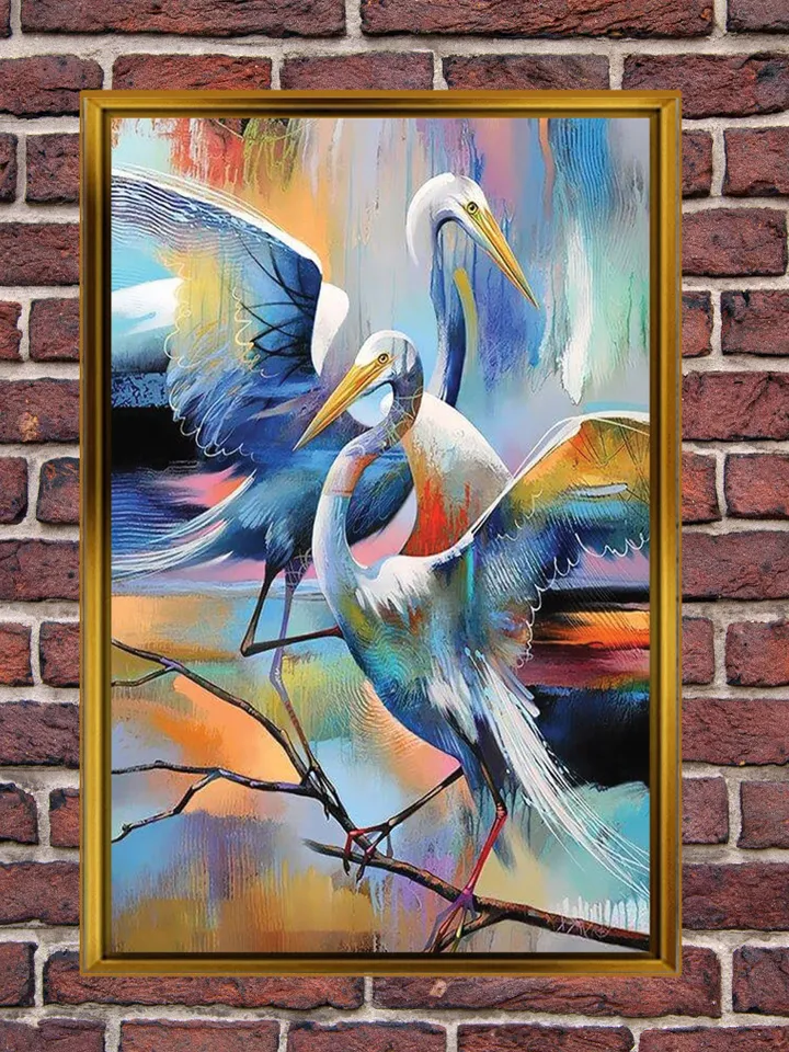 Abstract colorful storks Print on Canvas , Floating Frame Option, Modern Wall Art, Extra Large Canvas Wall Art