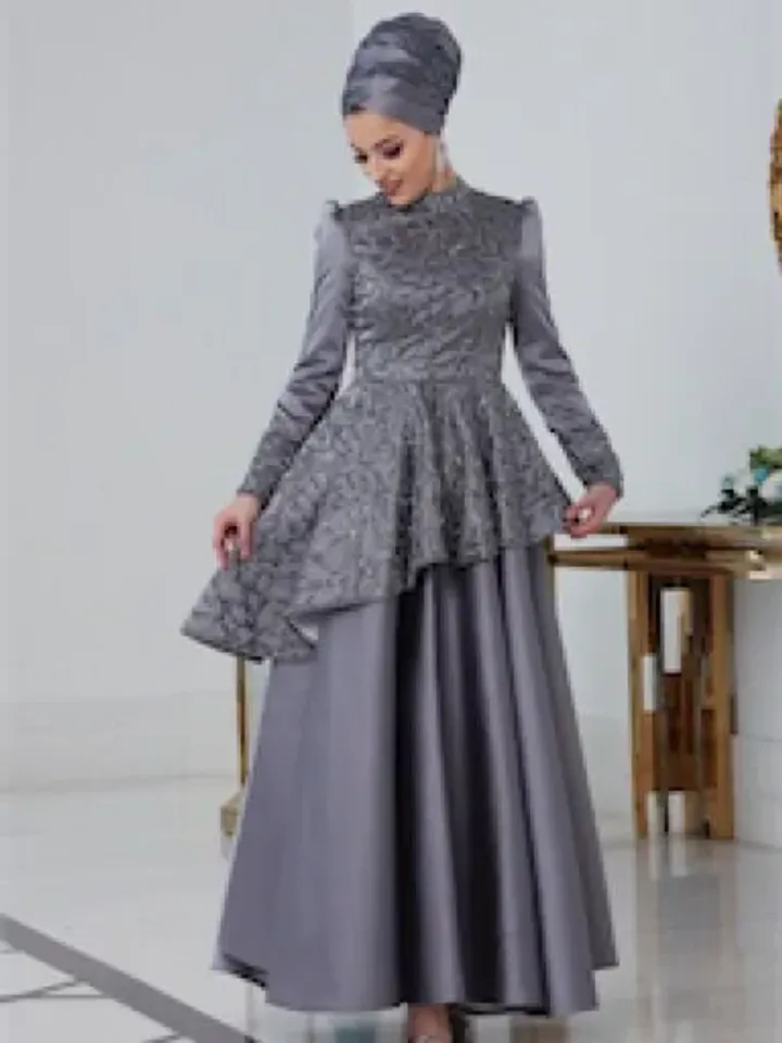 Hürrem Grey Satin Embroidered Ahunare Wedding Dress, Muslim Evening Gown, Nikah, Islamic Wedding, Engagement, Bridesmaid, Maxi Dress