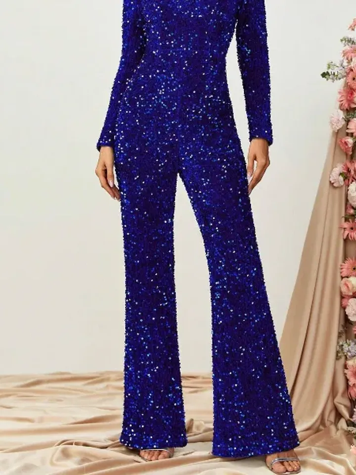 Royal Blue Sequin V Neck Puff Sleeve Flare Leg Jumpsuit Wedding Party Evening Prom Cocktail Club Xmas Christmas