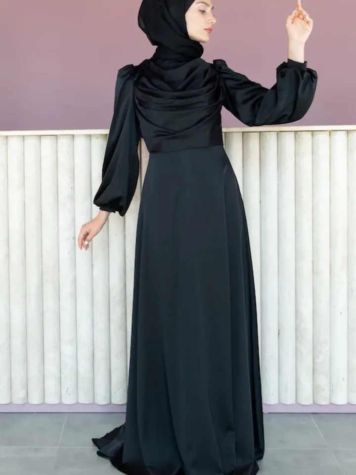 AHUNARE HIJAB - Selvi Dress, Satin Dress, Black Color, Muslim Evening Dress, Nikah, Wedding, Engagement, Bridesmaid, ,