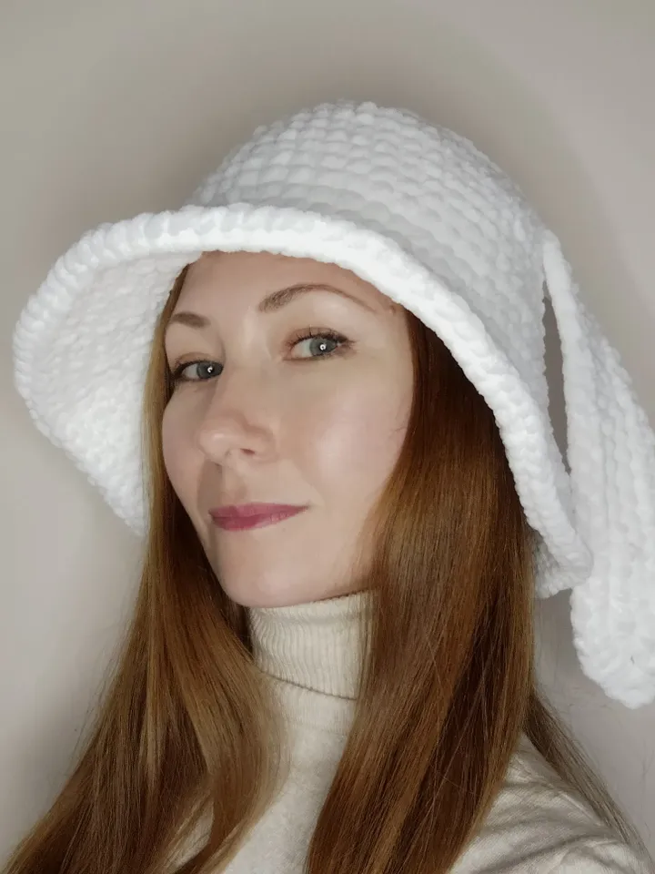 White bunny bucket hat with bunny ears Fluffy bucket hat crochet Gift for teens