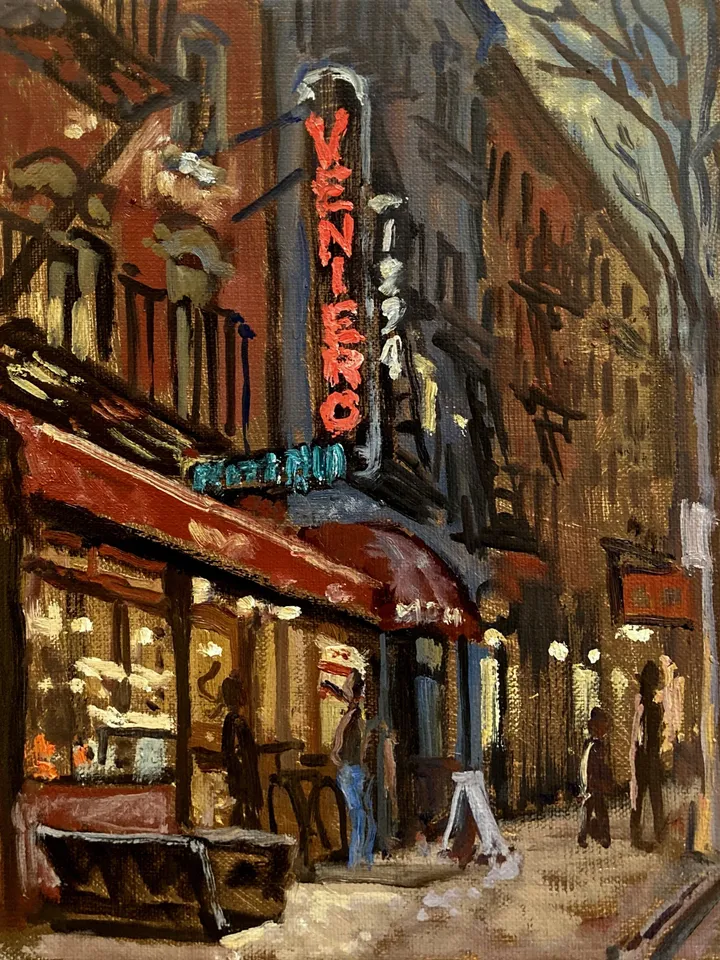 New York City Night Scene Painting - Venieros/NYC Nocturne- 8x10 Oil on Linen, Urban Impressionist Signed Original East Village Cityscape