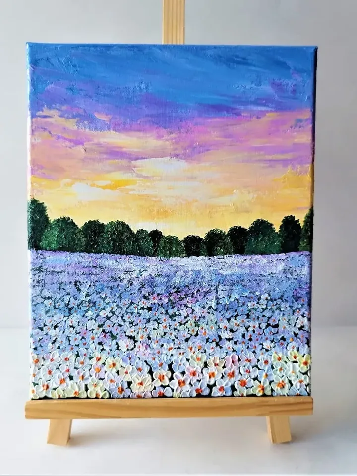 Acrylic Painting of a Sunset Landscape with White Field Flowers