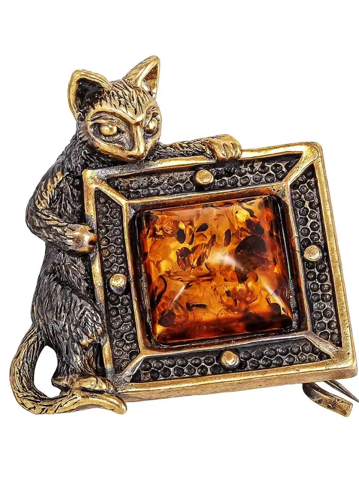 Cat brooch with picture Amber Cat jewelry Animal brooch unique handmade jewelry gold antique brass costume jacket brooch