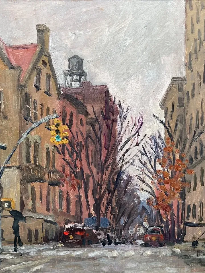 New York City Landscape Painting -From 77th and West End Avenue- 8x8 Oil on Panel, NYC Impressionist Cityscape, Signed Original