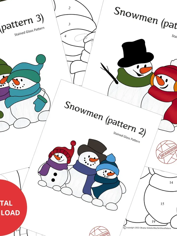 3 Stained Glass Pattern - 3 Groups of Funny Snowmen - Digital Download PDF