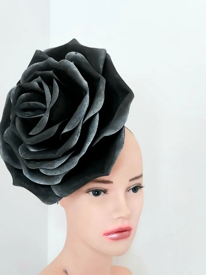 Black Snow Rose Fascinator Magic Flower Hair Clip Wedding Headband Church Hat Halloween Gothic style