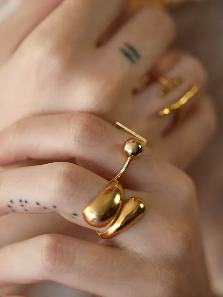 Bold Drop Edges Bypass Ring, Boho Statement Cuff Ring Gold or Silver, Stackable Bohemian Wraparound Ring, Double Wavy Bypass Ring, Open Ring